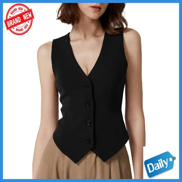 Women's V-Neck Vest Top Sleeveless Button-Down Fully Lined Crop Top